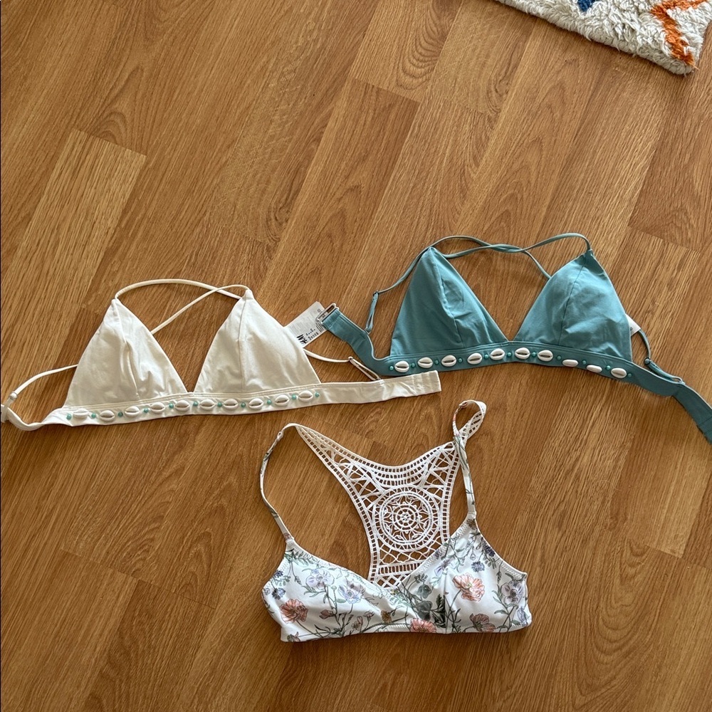 Set of Three H&M bikini Tops in Cream, Teal, and Floral